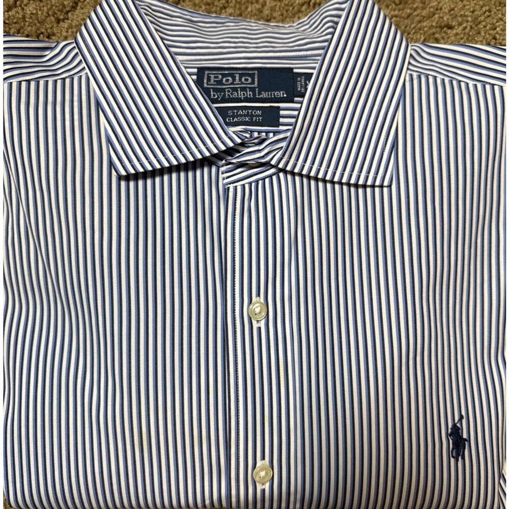 Polo Ralph Lauren Men's XXL 2XL Stanton Classic Fit Button Up White Blue Stripe